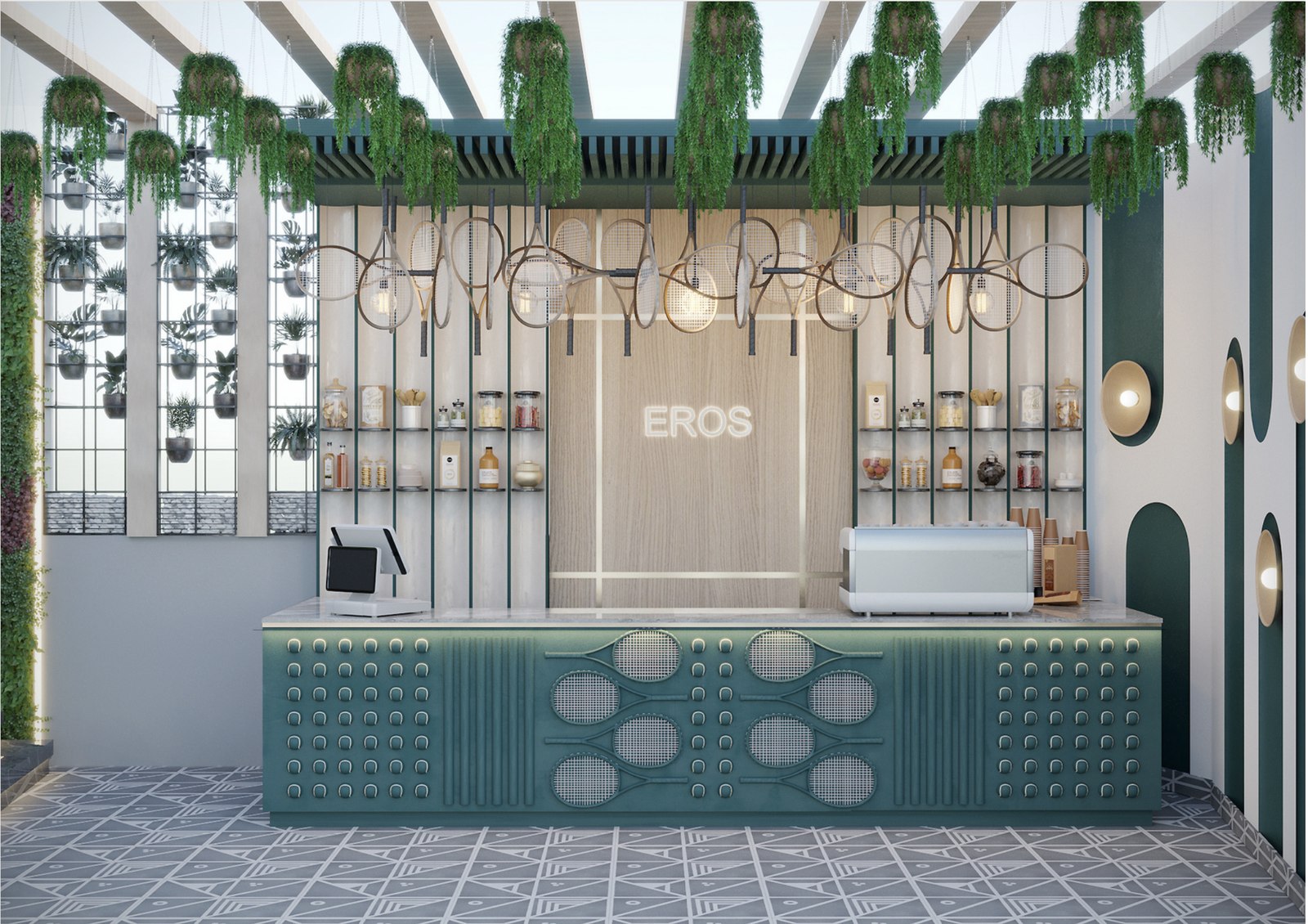 Render of the Eros café counter at Eros One