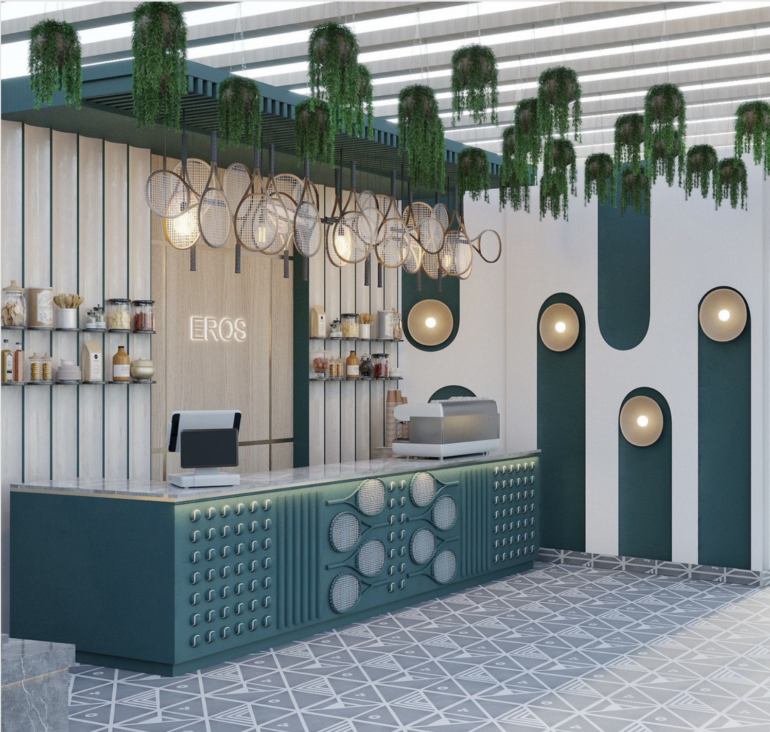 Render of the Eros café counter, alternate view, at Eros One