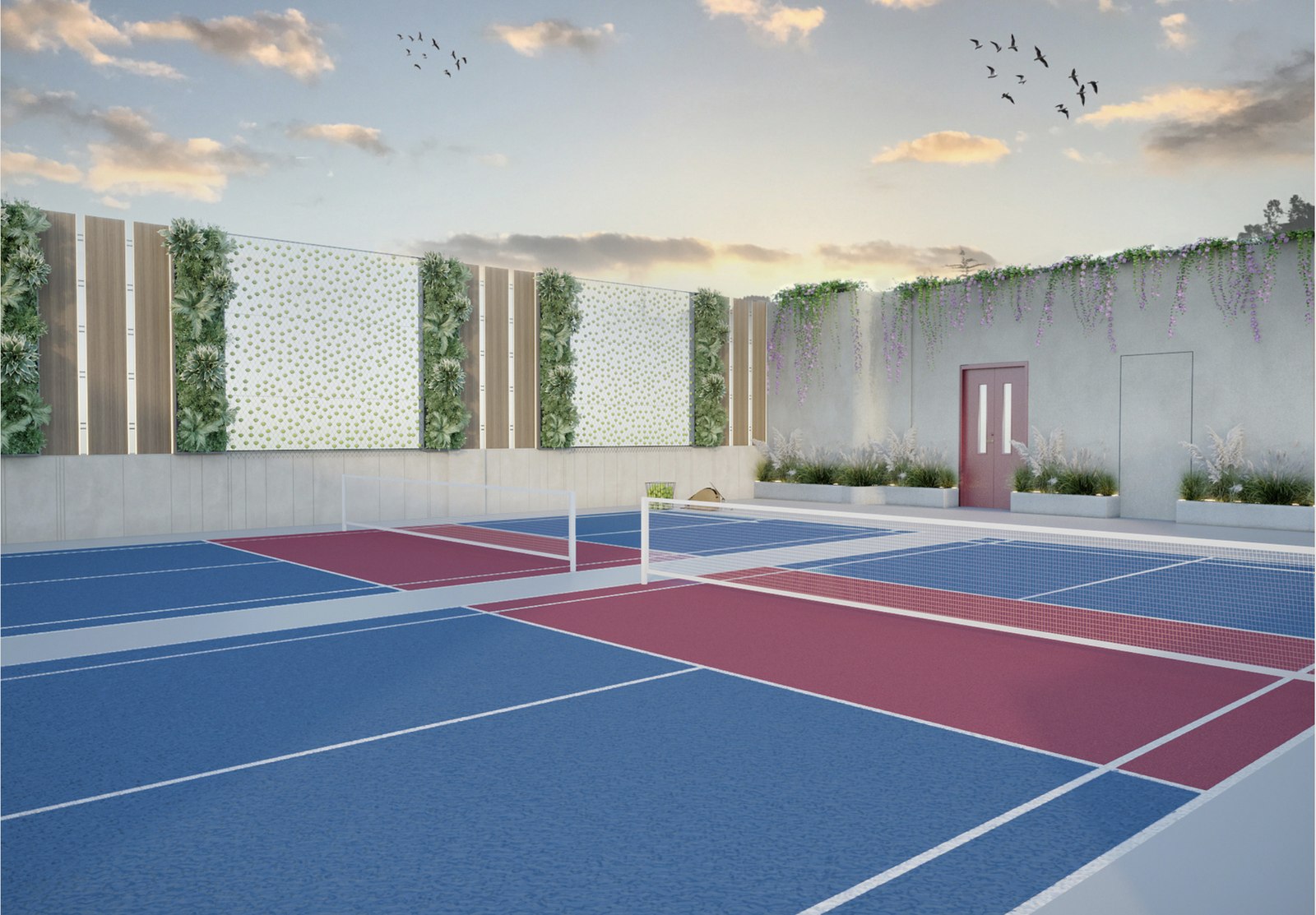 Render of the outdoor pickleball court at Eros One