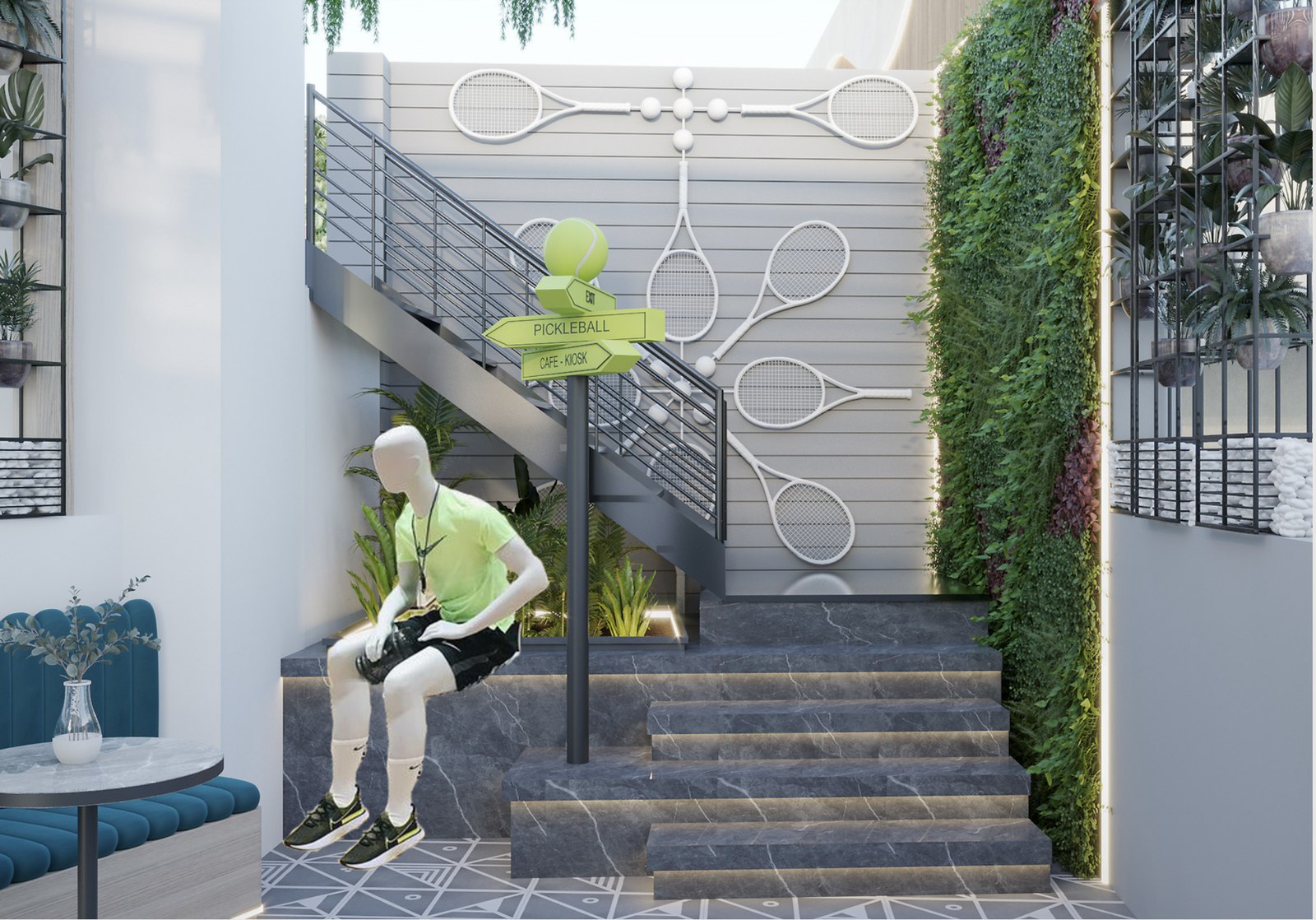 Render of the stairwell wayfinding to the pickleball court and café at Eros One